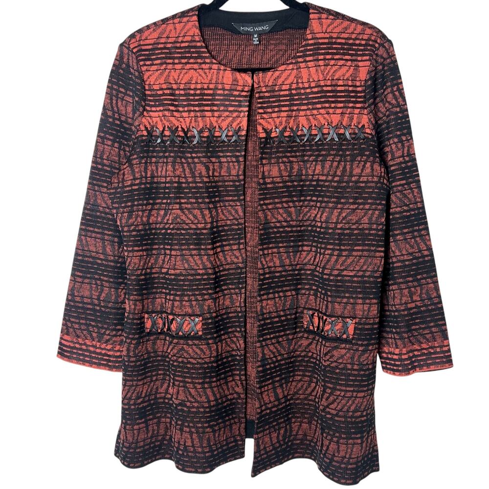 MING WANG Knit Cardigan Sweater Jacket Faux Leather Details Orange Black Medium